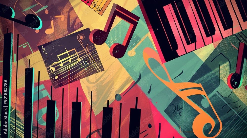 Obraz premium & radio, music, music key notes , graphic novel style ,generative ai