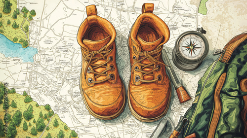 A pair of brown hiking boots are on a map with a compass and a backpack