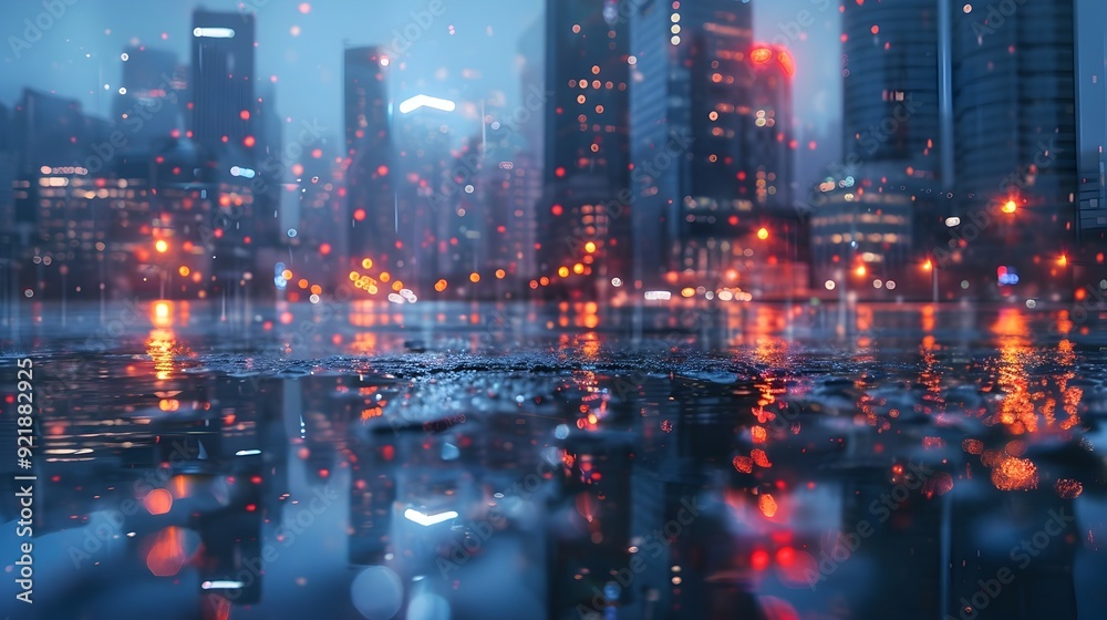 Moody Rainy Cityscape with Vibrant Lights and Reflections in Puddles Moody Rainy Cityscape with Vibrant Lights and Reflections in Puddles