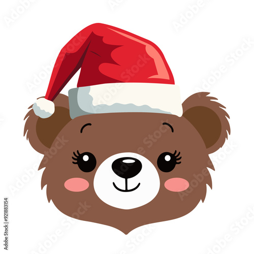 Cute Bear head in santa claus hat. Winter character bear. Merry Christmas element for banner, card.
