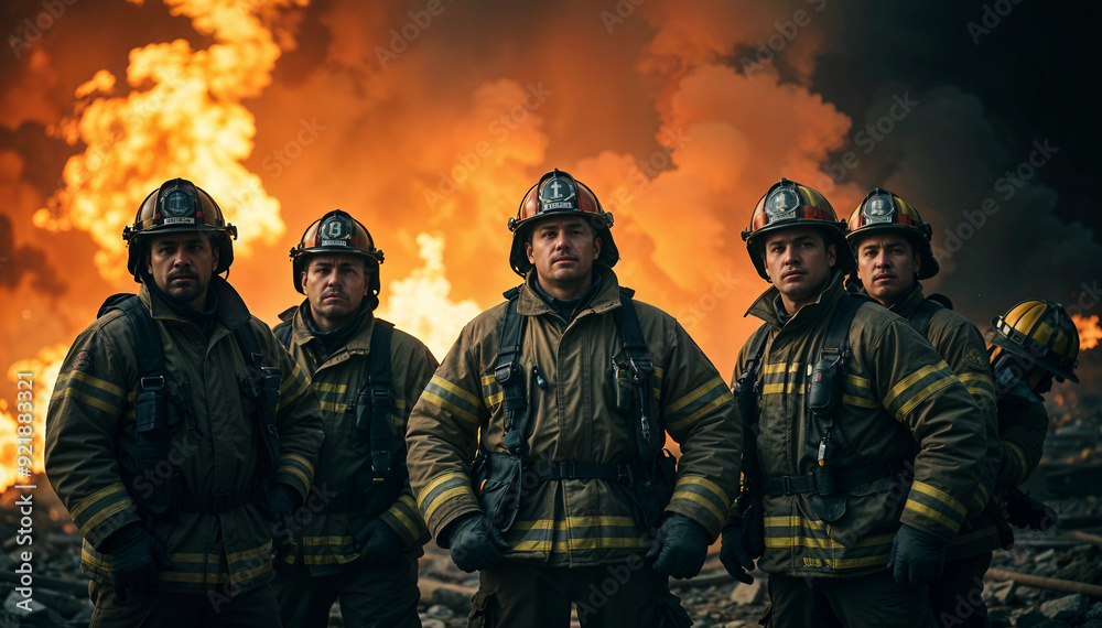 A group of six firefighters stands symmetrically in front of a blazing inferno, with intense lighting casting dramatic shadows on their determined faces amid swirling smoke and flames.
A group of six firefighters stands symmetrically in front of a blazing inferno, with intense lighting casting dramatic shadows on their determined faces amid swirling smoke and flames.