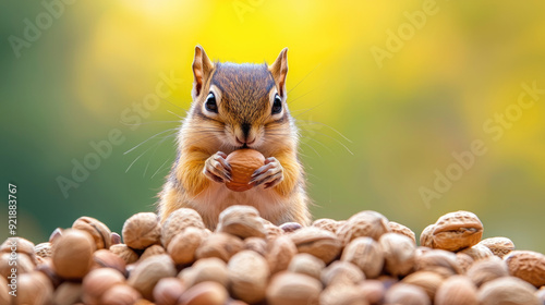 A curious squirrel holds a nut, surrounded by a pile of nuts. Soft bokeh background enhances the adorable wildlife moment.