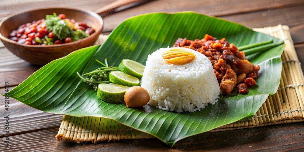 Traditional nasi lemak served on a banana leaf, Malaysian cuisine, coconut rice, sambal, anchovies, peanuts Traditional nasi lemak served on a banana leaf, Malaysian cuisine, coconut rice, sambal, anchovies, peanuts