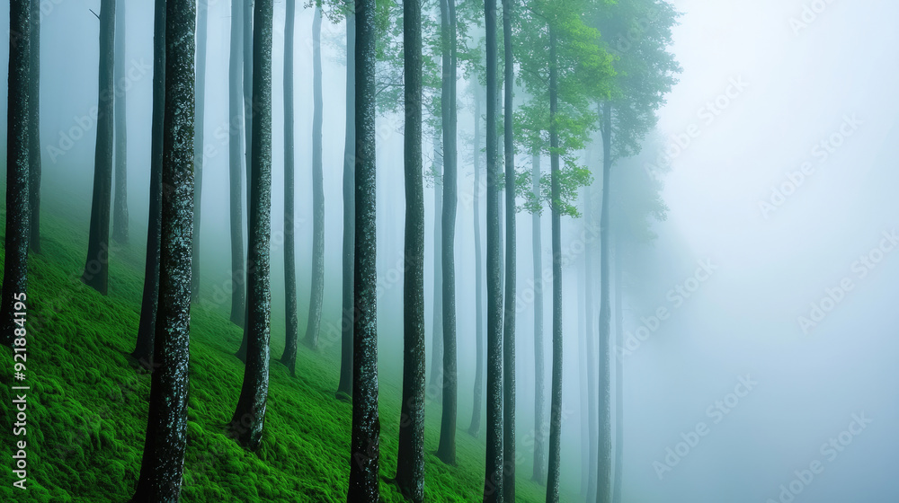 Obraz premium A serene foggy forest scene with tall trees and lush green grass, creating a tranquil and enchanting atmosphere.