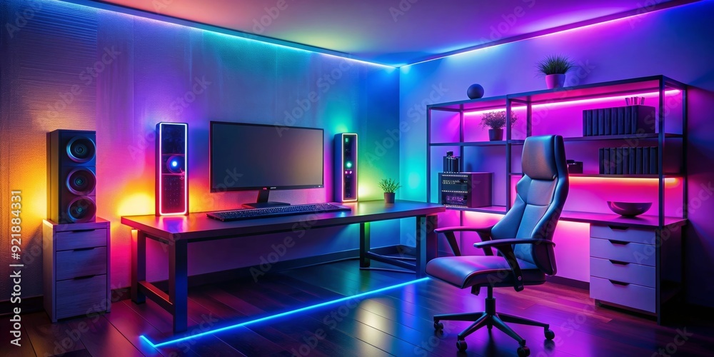 Gaming PC room with colorful LED lights , Gaming, PC, room, LED lights, colorful, technology, interior, design, gaming setup Gaming PC room with colorful LED lights , Gaming, PC, room, LED lights, colorful, technology, interior, design, gaming setup