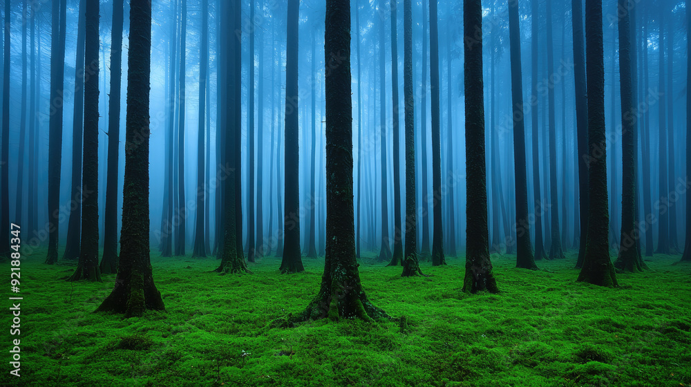 Naklejka premium A serene forest shrouded in mist, with tall trees and lush green undergrowth, creating a tranquil and mysterious atmosphere.