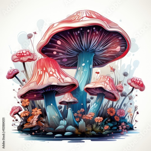 Magical Mushrooms in Bright Blue and Pink Cartoon Style photo