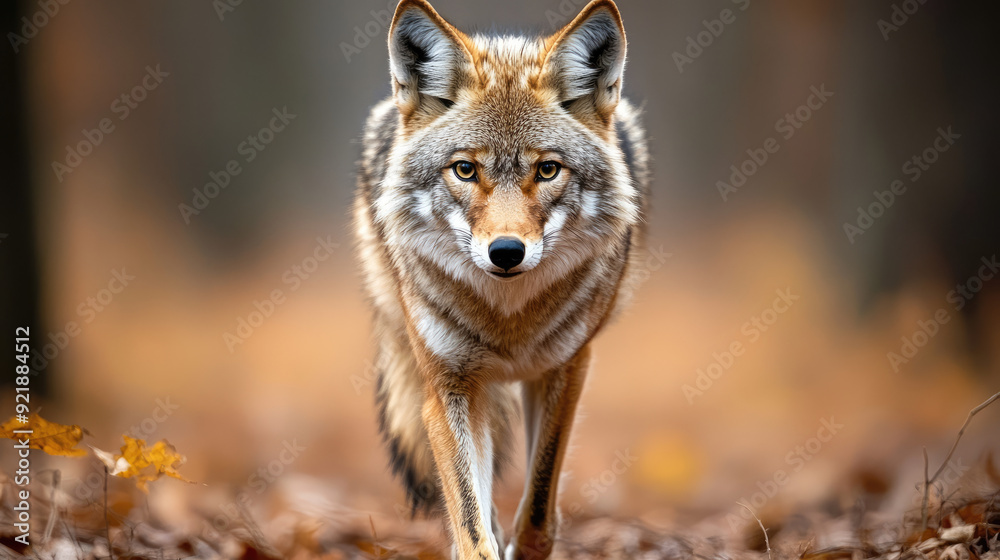 A striking close-up of a coyote walking through a forest, showcasing its thick fur and captivating gaze against a blurred background. A striking close-up of a coyote walking through a forest, showcasing its thick fur and captivating gaze against a blurred background.