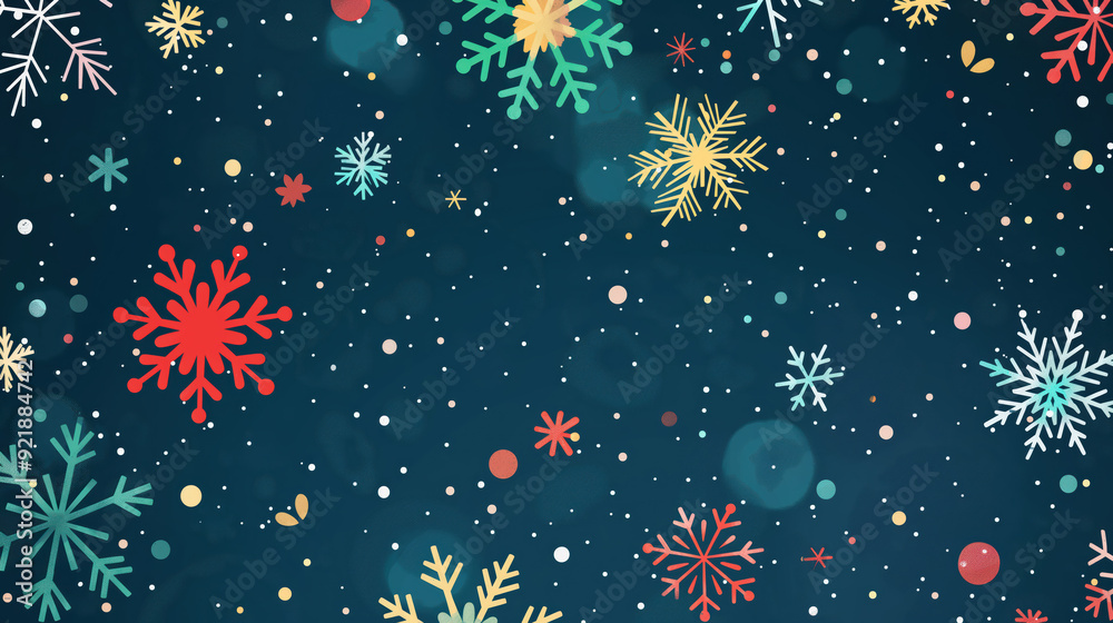A blue background with many snowflakes of different colors A blue background with many snowflakes of different colors