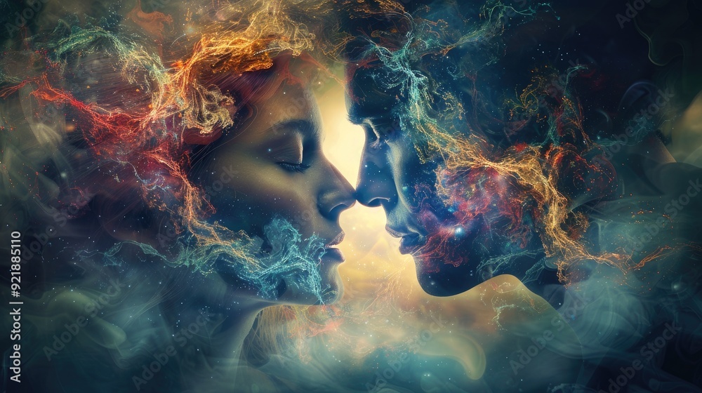 Man and a woman are about to kiss with their faces merging into an abstract universe Man and a woman are about to kiss with their faces merging into an abstract universe
