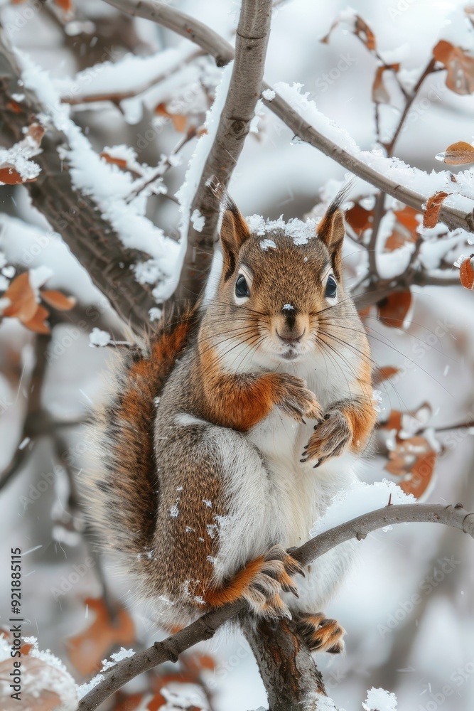 Red squirrel with a fluffy tail in the winter forest Red squirrel with a fluffy tail in the winter forest