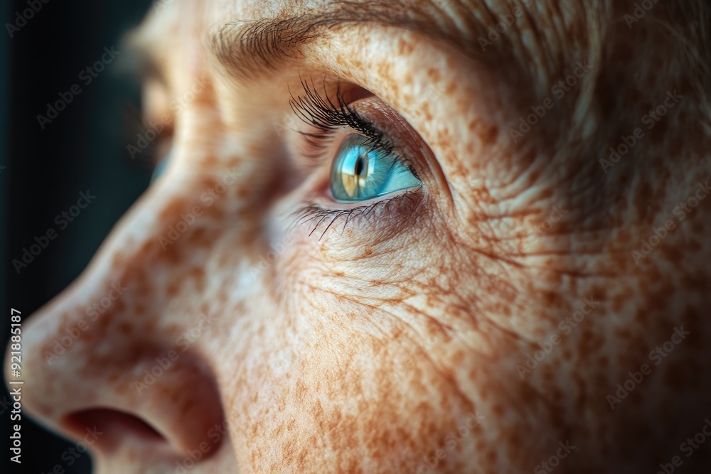 Senior woman gazing hopeful with bright blue eyes and freckles Senior woman gazing hopeful with bright blue eyes and freckles