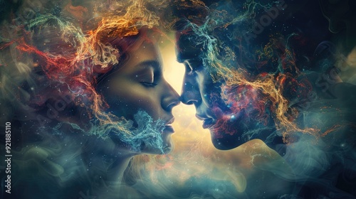 Man and a woman are about to kiss with their faces merging into an abstract universe
