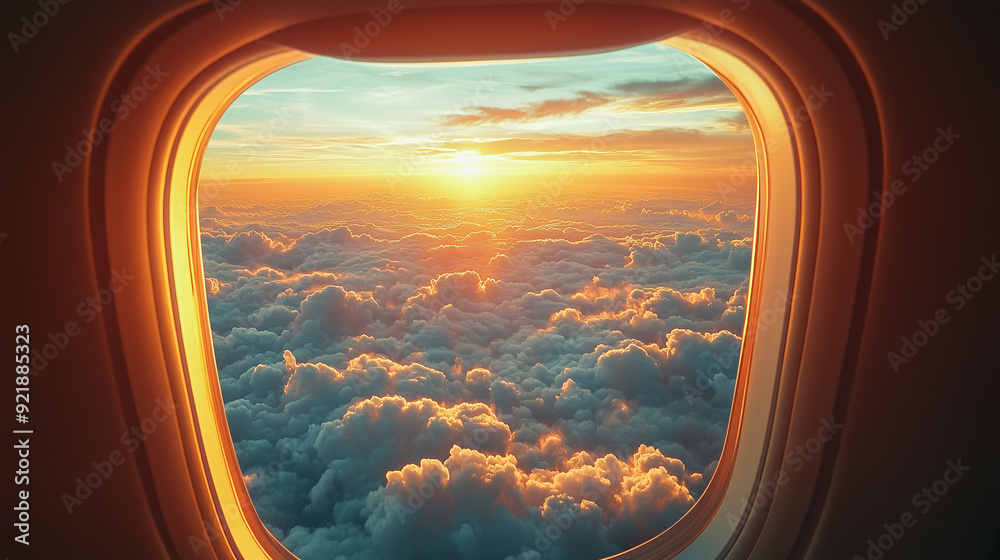 Sunset view from an airplane window with clouds below.