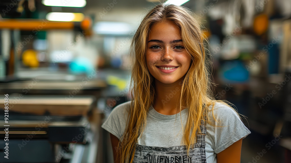 Smiling Artisan Printing T-Shirts in a Creative Workshop Environment with Printing Machines in Background Smiling Artisan Printing T-Shirts in a Creative Workshop Environment with Printing Machines in Background