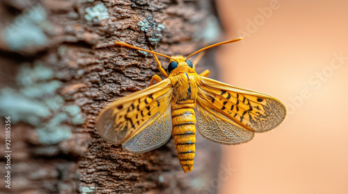 Close-up view of a vibrant yellow moth resting on a textured surface, showcasing its intricate wing patterns and natural beauty. photo