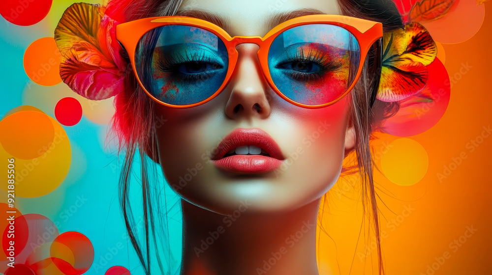 Vibrant Pop Art Woman in Sunglasses with Colorful Background and Conceptual Design for Modern Artwork