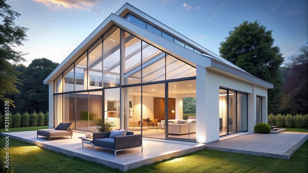 Modern white house with glass walls, gable roof, and large windows showcasing interior design, modern, architecture, home