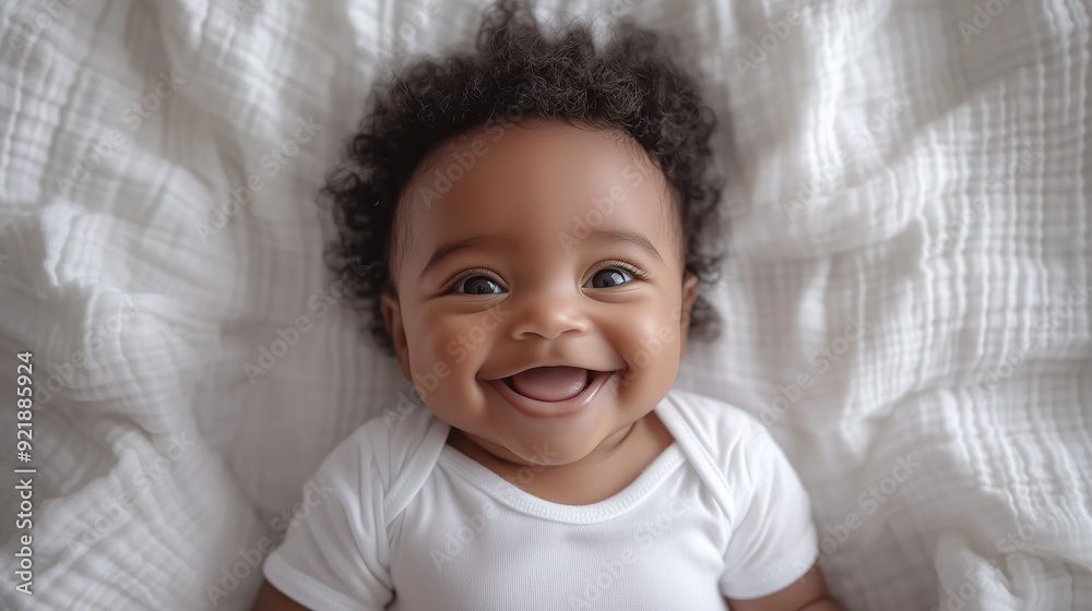 Smiling baby with curly hair lying on a white blanket. Smiling baby with curly hair lying on a white blanket.
