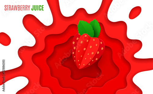 Paper cut strawberry juice splash with vector 3d origami berry. Summer sweet strawberry fruit juice or dessert smoothie beverage explosion splash with paper cut wavy layers, juicy splatters and drops