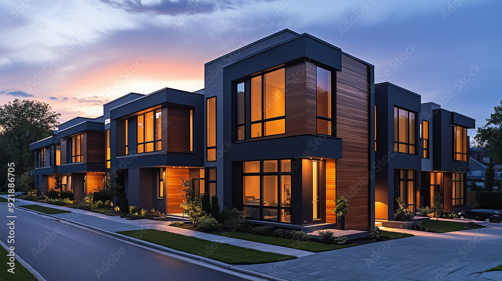 Modern Townhouses at Sunset. Contemporary townhouses illuminated by warm sunset light, showcasing modern architecture. Modern Townhouses at Sunset. Contemporary townhouses illuminated by warm sunset light, showcasing modern architecture.