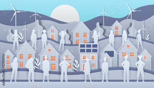 Community renewable energy concept sustainable living paper cut style silhouettes people houses wind turbines solar panels hills