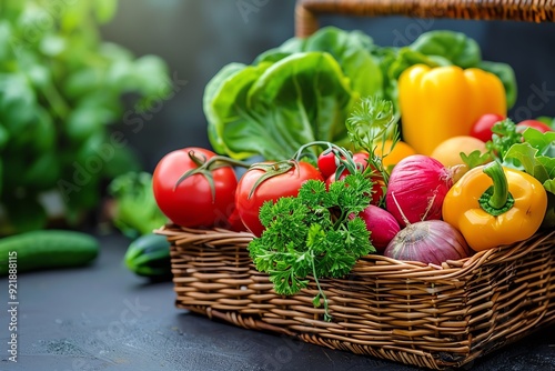 Fresh garden vegetables in a wicker basket including tomatoes, bell peppers, radishes, lettuce, cucumbers, and herbs on a dark background.