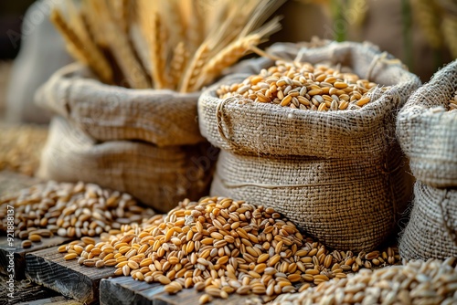 Fresh harvested wheat grains in burlap sacks, showcasing natural, organic agricultural produce. Perfect for representing farming and sustainability.
