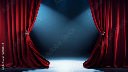 Red curtain of theatre or concest stage podium opening, for product reveal or marketing promotion, 4k motion video