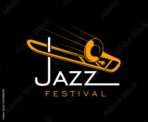 Jazz music icon features orange saxophone silhouette white Jazz festival typography on black background. Vector elegant emblem for live sound musical entertainment, retro club musical night event