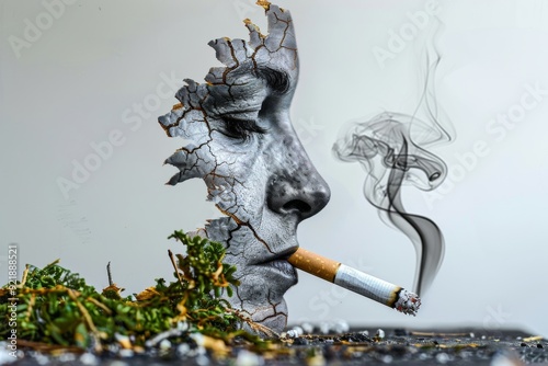 Sculpture like depiction of a figure with a cigarette blending art with the harsh realities of smoking photo