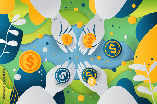 Hands holding coins in paper cut style financial theme colorful abstract background with leaves and shapes