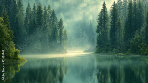 Misty Forest Lake. Serene misty lake surrounded by towering pine trees, creating a tranquil and peaceful atmosphere.