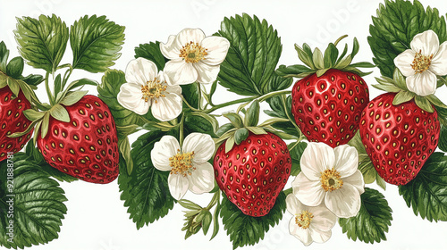 Strawberries and Flowers Botanical Illustration. A detailed botanical illustration featuring ripe strawberries and white strawberry flowers with green leaves.