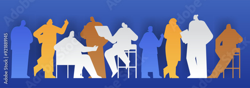 Silhouettes of people engaged in various activities colorful gradient background paper cut style