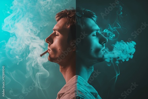 Close up of a man engulfed by blue smoke highlighting the suffocating grip of nicotine addiction photo