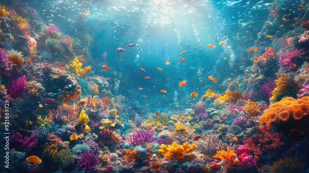 Naklejka premium A mesmerizing scene of a large, colorful coral reef teeming with life, from tiny fish to larger sea creatures, creating a vibrant and beautiful underwater world.