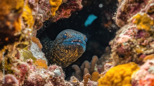 A mysterious eel peeking out from its rocky hideout, its body winding sinuously through the coral as it surveys the underwater landscape photo