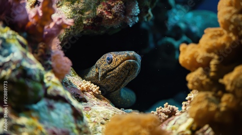 A mysterious eel peeking out from its rocky hideout, its body winding sinuously through the coral as it surveys the underwater landscape photo