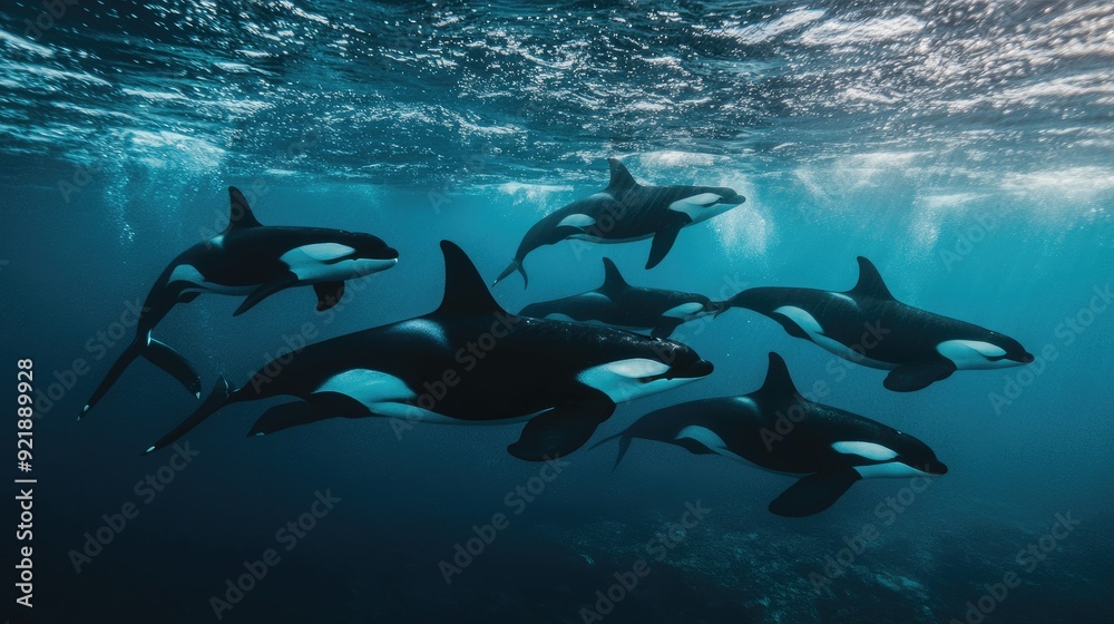Obraz premium A pod of graceful orcas swimming through the crystal-clear waters of the ocean, their sleek black and white bodies standing out against the blue sea.