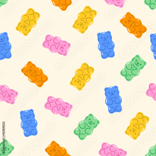 Seamless pattern of colorful gummy bears. Vector graphics.