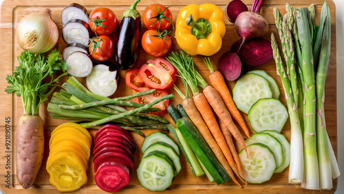 Fresh vegetables wooden cutting board sliced chopped tomatoes peppers onions carrots cucumbers asparagus beetroot eggplant colorful variety healthy food ingredients kitchen daylight