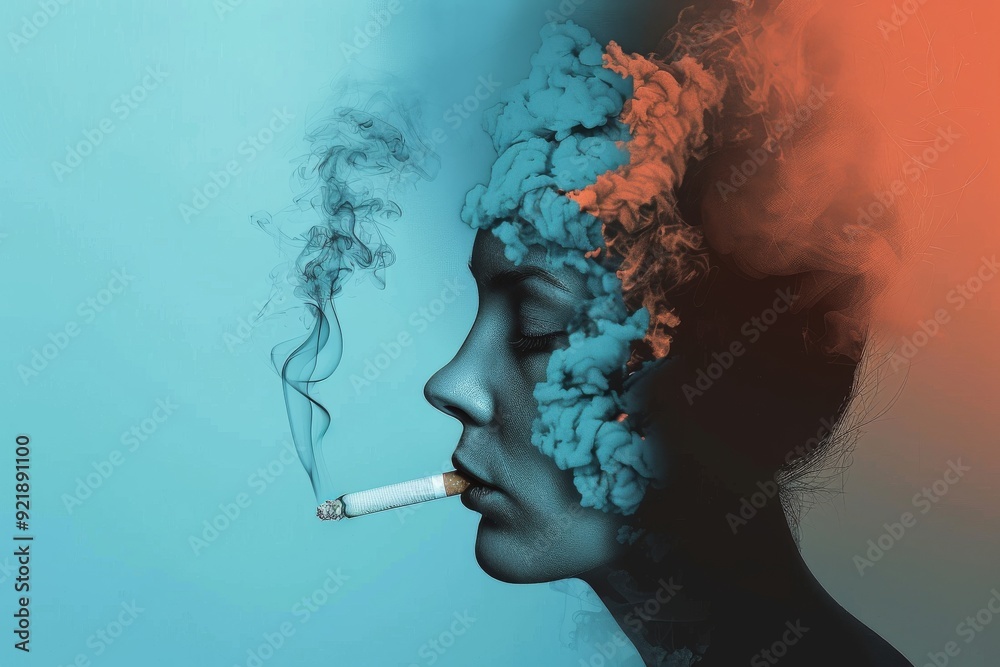 Obraz premium Surreal fusion of faces with smoke illustrating the blending of identities and the engulfing nature of smoking addiction