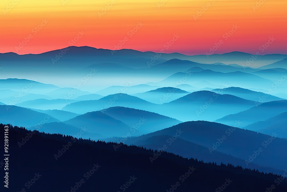Obraz premium Stunning gradient of colors in a serene mountain landscape at sunset, showcasing layers of hills and a tranquil sky.