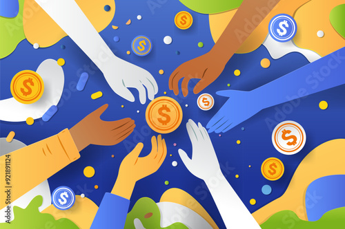 Hands reaching for coins financial collaboration concept. Diverse hands reaching for coins in a colorful paper cut style background with abstract shapes