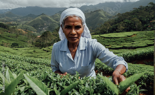 A Sri Lankan woman picks tea on a tea plantation in Ceylon. photo