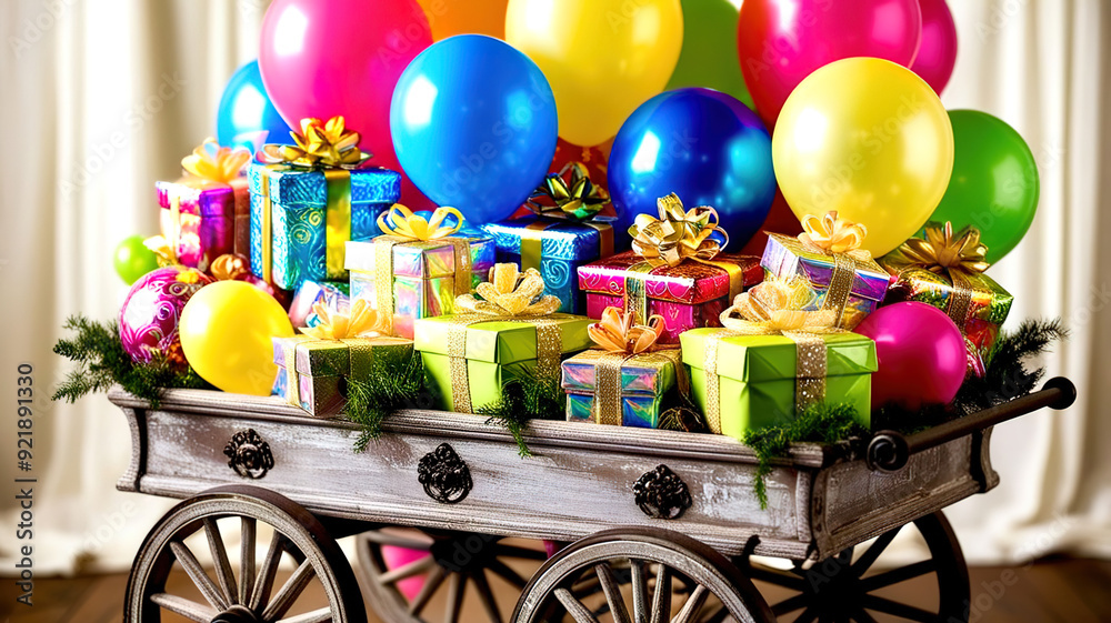 A cart with balloons and gifts A cart with balloons and gifts