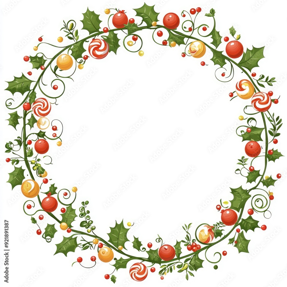 Fototapeta premium Festive Christmas Holly Wreath with Berries and Ornaments