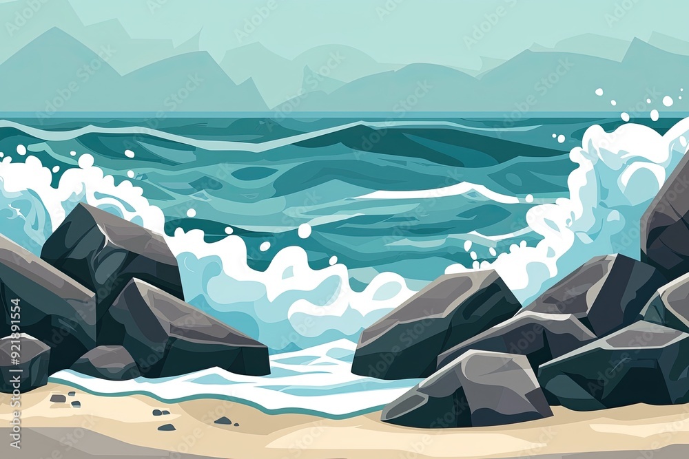 A serene coastal scene featuring waves crashing against rocky shores, evoking tranquility and natural beauty.