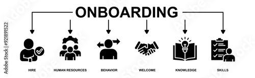 Onboarding banner web icon vector illustration concept for human resources business industry to introduce newly hired employee into an organization with behavior, welcome, knowledge, and skills icon